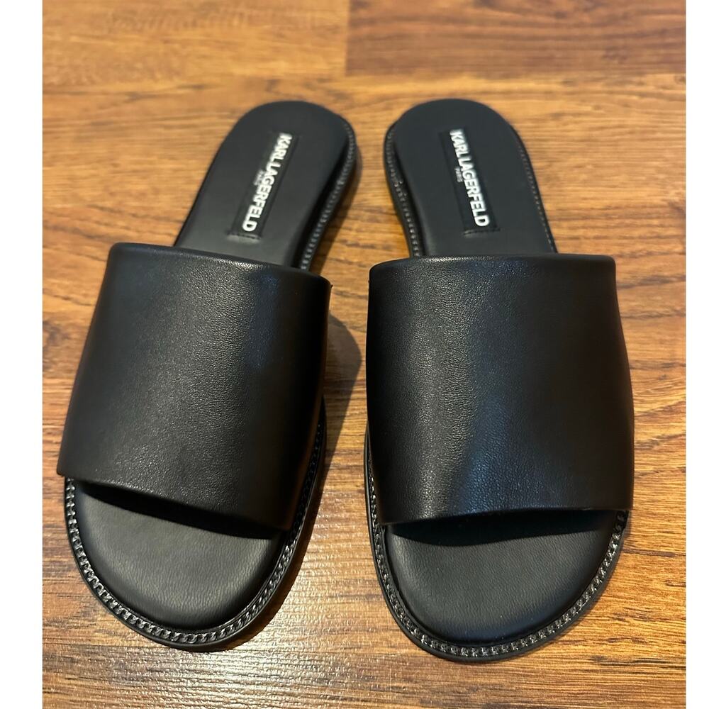 Karl Lagerfeld Paris Gloria Leather Slides Black Size 6M NWT Minimalist Designer